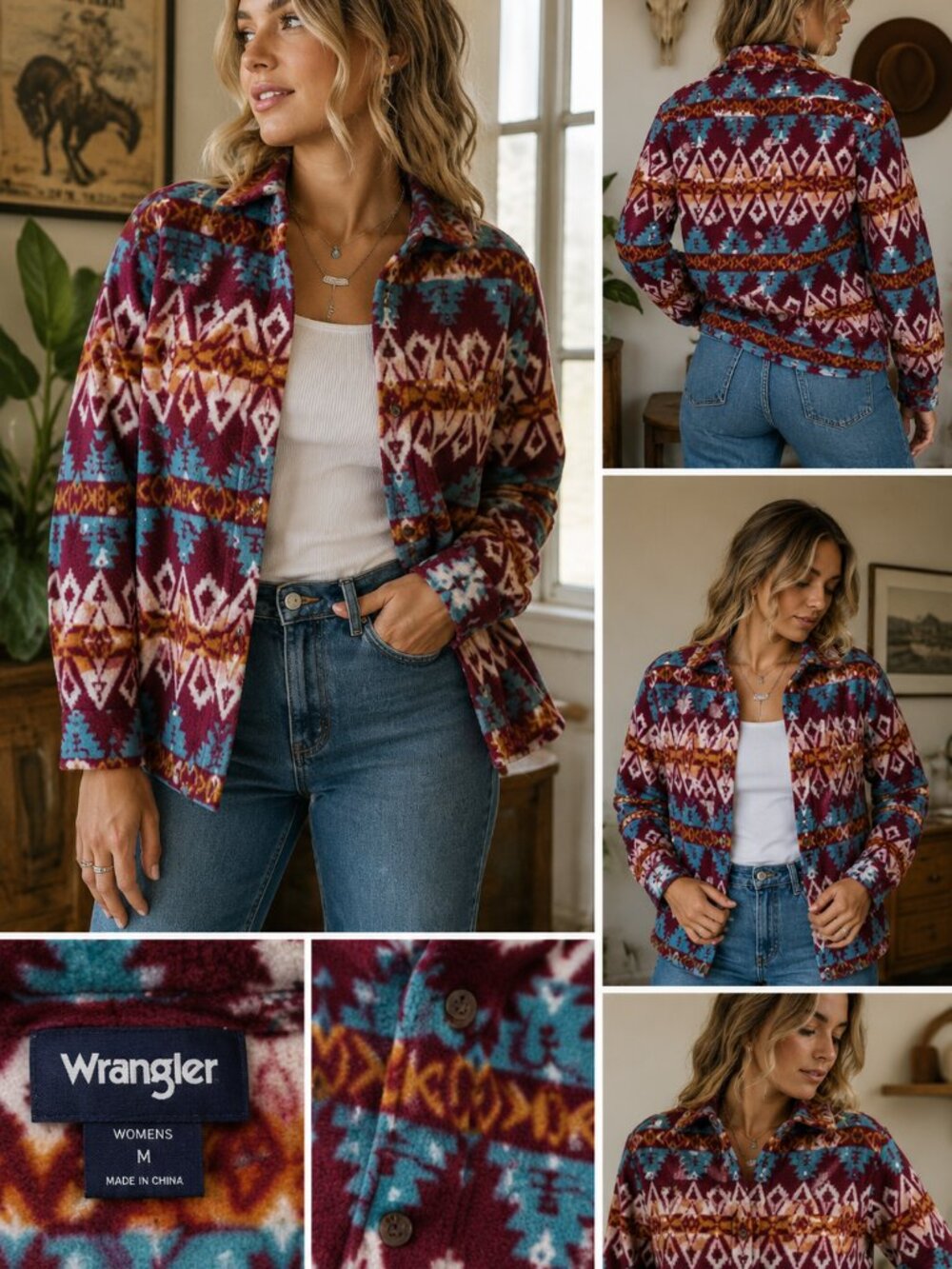 Wrangler Women’s M Southwestern Fleece Shirt Jacket Western Aztec Button Up
